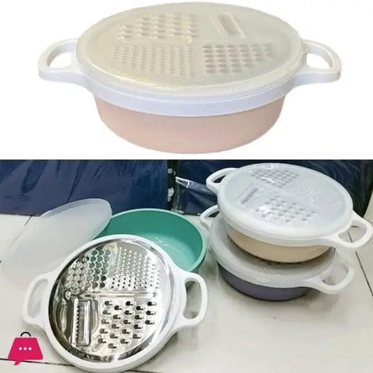 Multi-function vegetable grater and storage bowl with removable stainless steel grating plate, lid, and side handles.