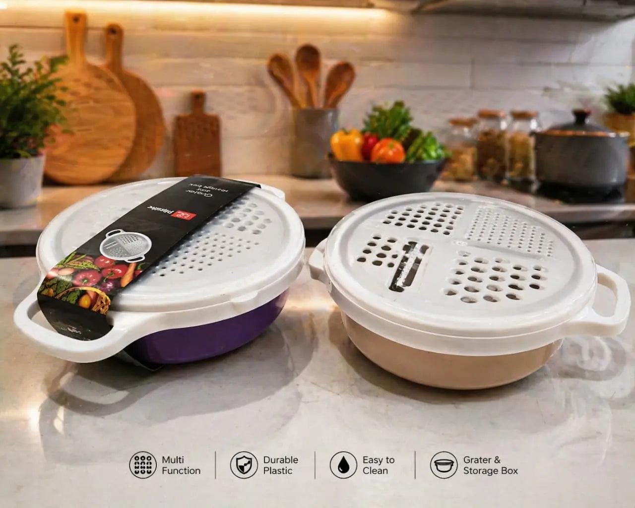 Multi-purpose vegetable slicer and grater with storage bowl, durable plastic container, interchangeable blades, and easy-to-clean design for cutting vegetables, fruits, and cheese.