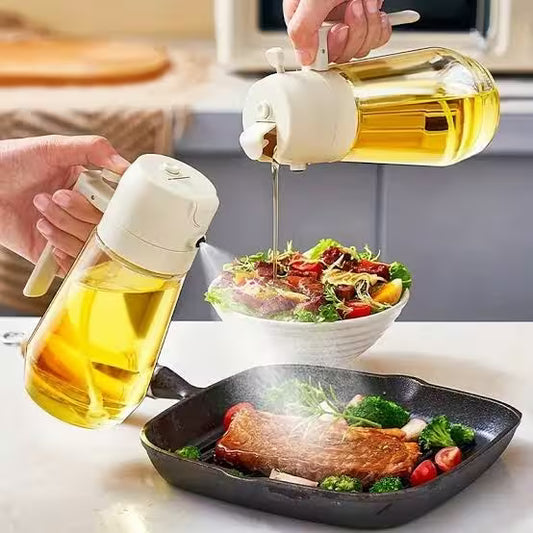 2 in 1 spray oil bottle with leakproof design, 450ML transparent oil dispenser for spraying and pouring cooking oil on salads, BBQ, and frying.
