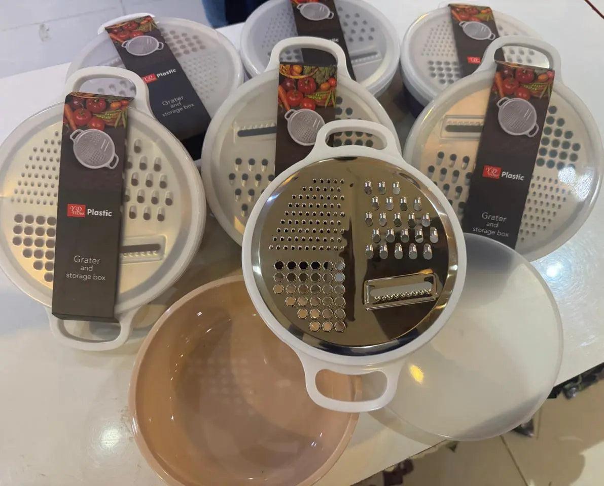 Multi-function vegetable grater sets with stainless steel grating plates, plastic storage bowls, lids, and side handles.