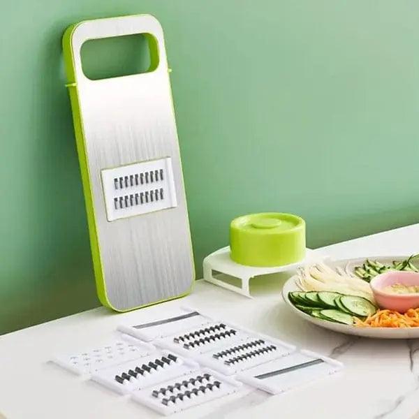 5 in 1 multi-functional vegetable fruit slicer with five stainless steel blade attachments for slicing, shredding, grating, and julienne cutting