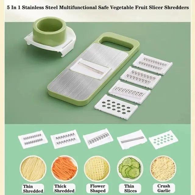 5 in 1 stainless steel vegetable and fruit slicer with interchangeable blades and hand guard for easy kitchen food preparation