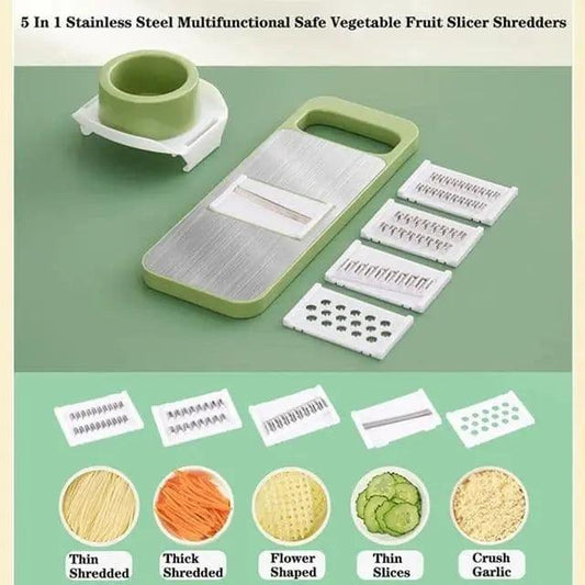 5 in 1 stainless steel vegetable and fruit slicer with interchangeable blades and hand guard for easy kitchen food preparation