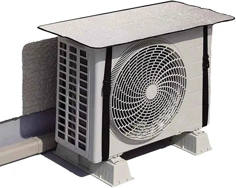 Heavy-duty weatherproof shade cover designed to shield outdoor AC condenser units from heat, rain, and outdoor elements.