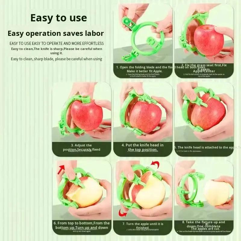 Step-by-step guide showing how to use a green rotating apple peeler to remove apple skin.