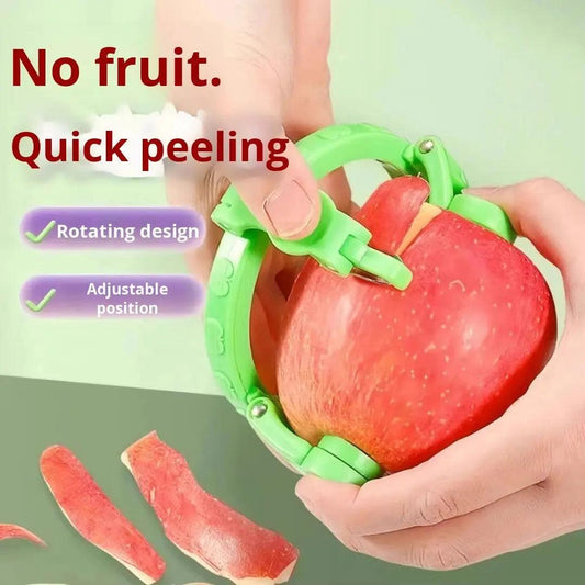 Green handheld apple peeler with an adjustable rotating blade, shown removing the peel from a red apple.
