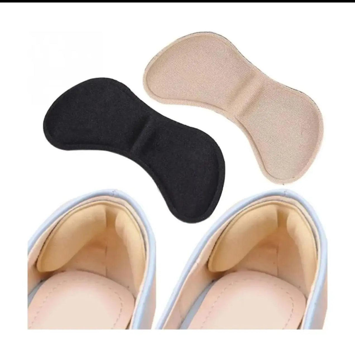 Black and beige cushioned heel pads shown above the heel area of shoes for improved comfort and fit.