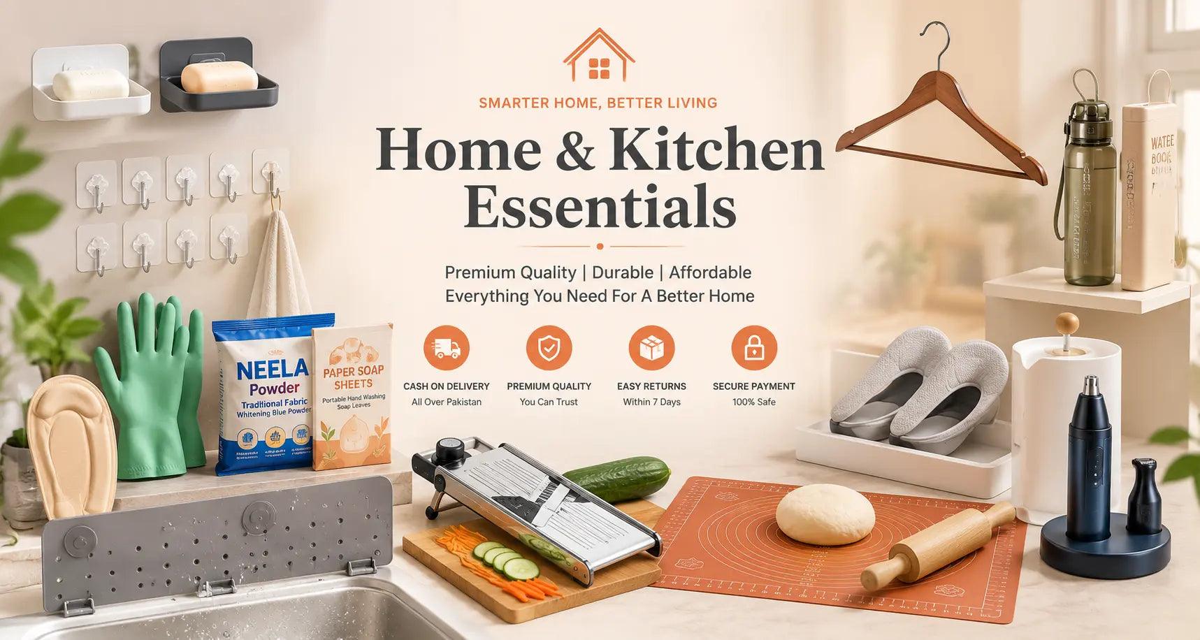Featured banner showcasing premium home and kitchen products for everyday living, including kitchen tools, cleaning accessories, bathroom organizers, and household essentials available in Pakistan.