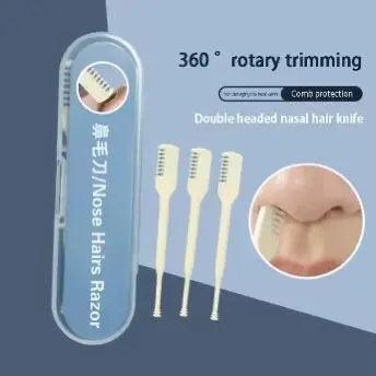 Compact manual nose hair razor with a rotary trimming head and three small cleaning tools for nose and ear hair grooming.