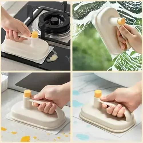 Multi-purpose kitchen cleaning brush scrubbing a sink and countertop with a replaceable disposable cleaning cloth.