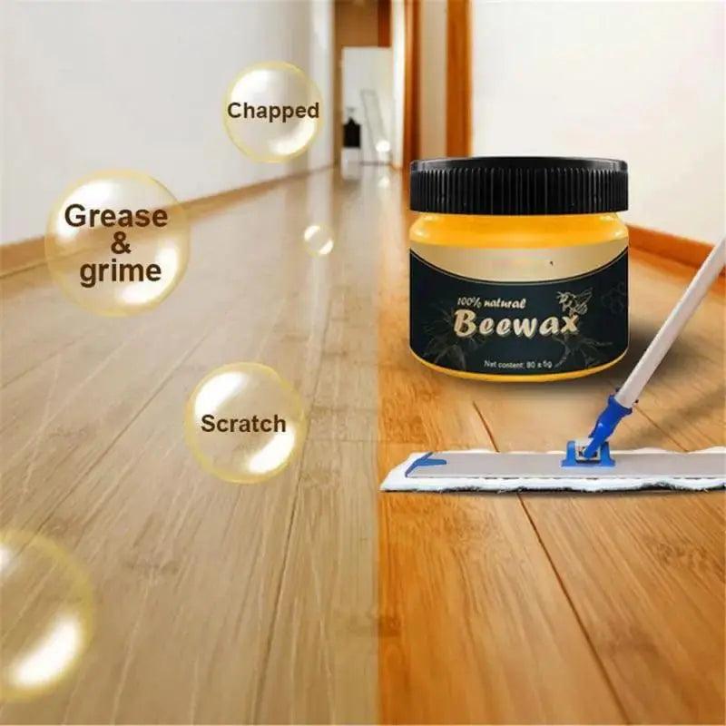 Natural beeswax wood polish showing before and after results on wooden floors. Multi-purpose beeswax cleaner restores shine, removes dullness, and protects wood surfaces naturally.