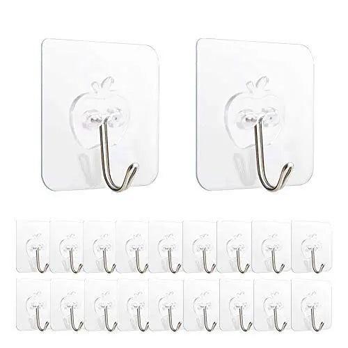 Pack of 10 transparent self-adhesive wall hooks with metal single hooks for organizing household items.