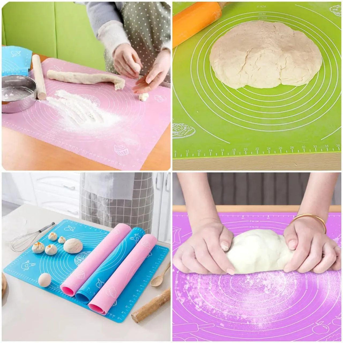 Reusable food-grade silicone rolling mat with printed measurement circles for kneading and rolling dough. Ideal for roti, naan, pizza, pie crust, fondant, and baking preparations.
