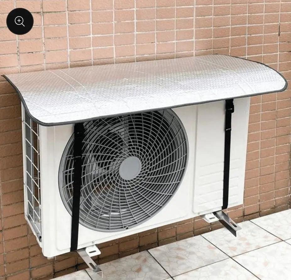 Wall-mounted AC compressor shade canopy providing protection from direct sunlight, rain, and dust for outdoor air conditioning units.