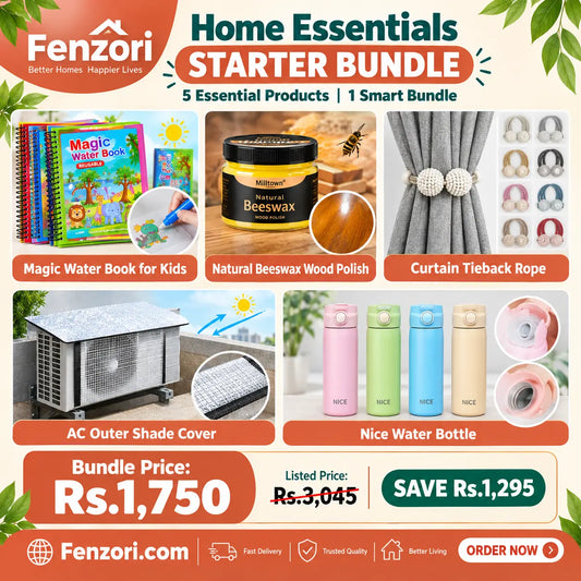 Fenzori Home Essentials Starter Bundle featuring a magic water colouring book, beeswax wood polish, curtain tieback ropes, AC outdoor shade cover, and water bottle. Bundle price Rs.1,750, reduced from Rs.3,045, saving Rs.1,295.