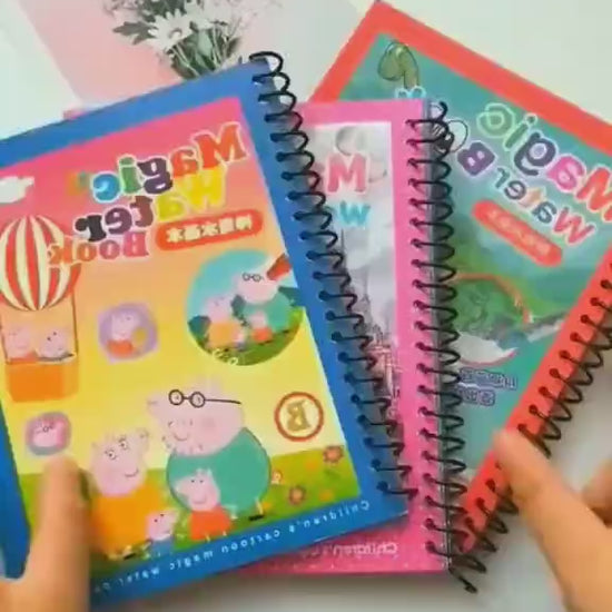 Demonstration of a reusable water coloring book featuring magic pages that reveal vibrant colors with a refillable water pen. Perfect for travel, early learning, creativity, and mess-free fun for children.