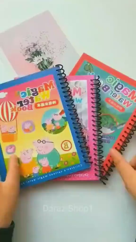 Demonstration of a reusable water coloring book featuring magic pages that reveal vibrant colors with a refillable water pen. Perfect for travel, early learning, creativity, and mess-free fun for children.