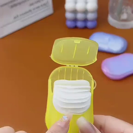 Video demonstrating portable paper soap sheets that dissolve instantly in water for quick hand washing during travel, camping, office, school, and outdoor activities.